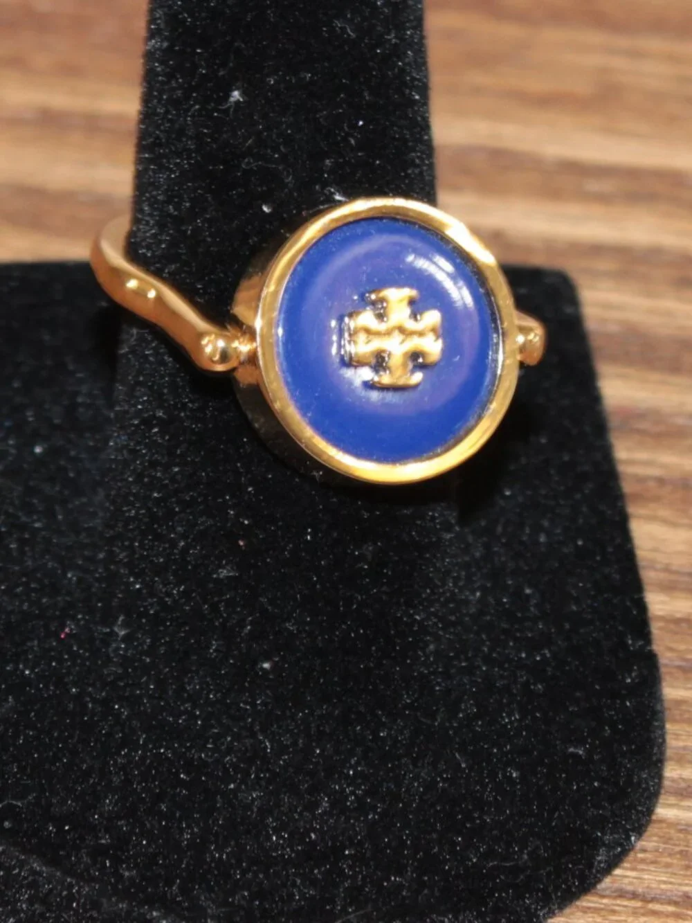 Tory Burch Reversible Blue Gold Logo Ring Size 6 NWT